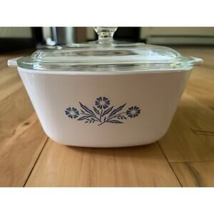 Vtg CorningWare Square White Blue Corn Flower 1.75Qt Casserole Dish w/ Glass Lid